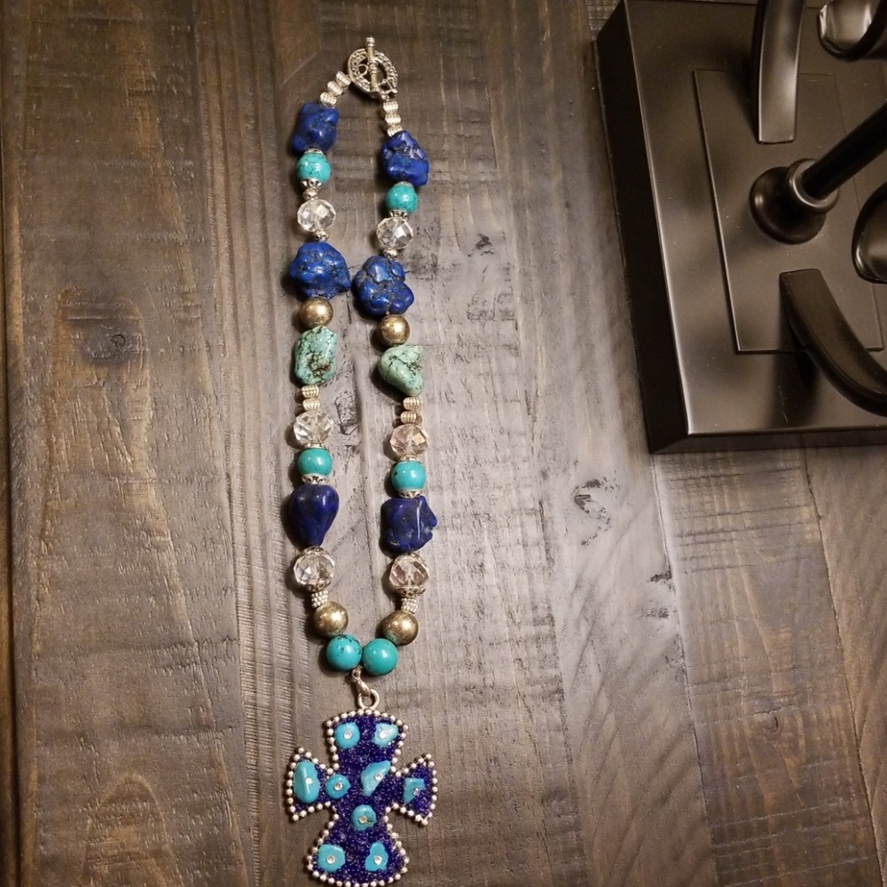 Silver necklace with multi stones & silver pendant